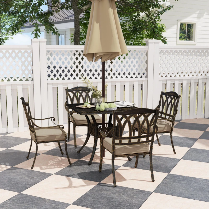 Image of Outsunny 5 Pieces Cast Aluminium Garden Dining Set with Parasol Hole, Bronze Bronze
