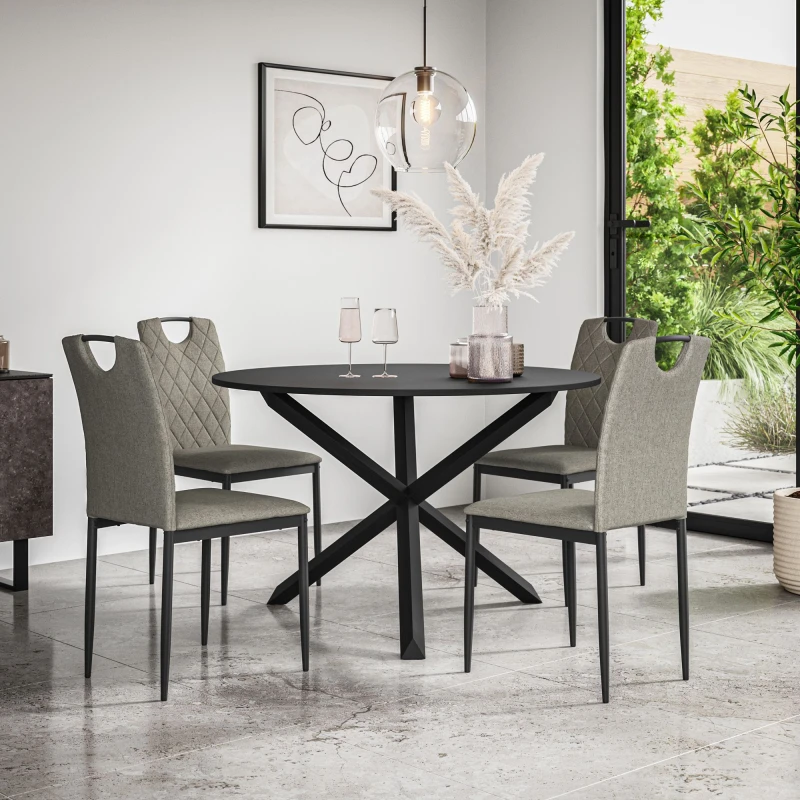 Image of More4Homes Malvern Round Dining Table And Chairs - Black Table Top W Solid Oak Black Legs + Monza Fabric Dining Chair Set Of 4 (Grey)