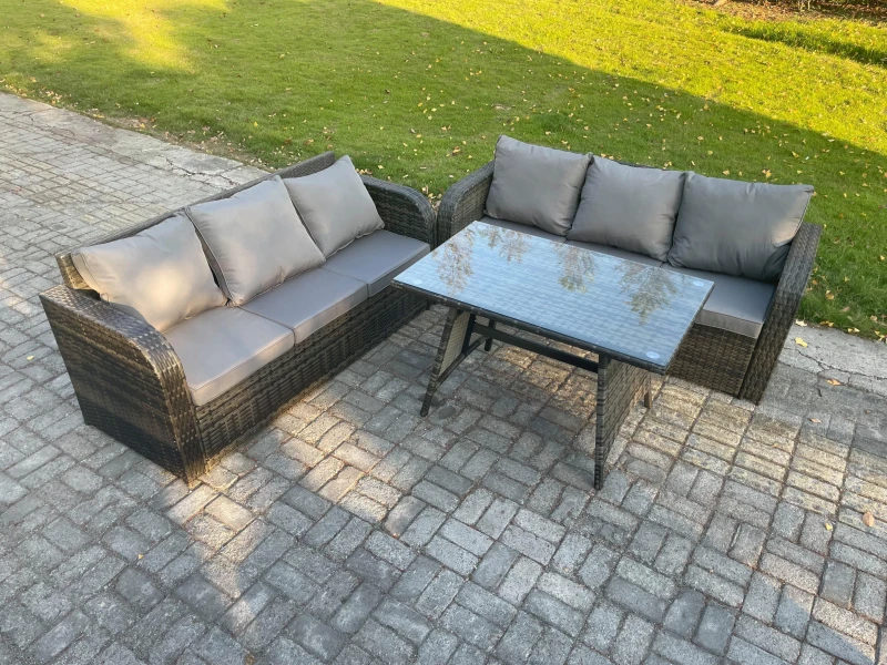 Image of Fimous 6 Seater Garden Furniture Sofa Set Rectangular Dining Table Indoor Outdoor Rattan Set Dark Grey Mixed Dark Grey