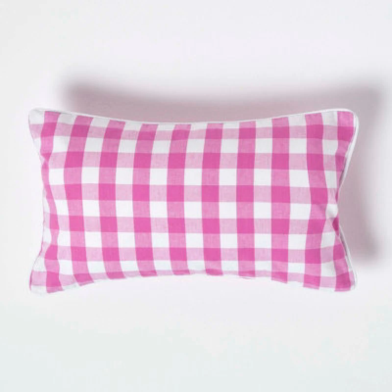 Image of Homescapes Pink Block Check Cotton Gingham Cushion Cover, 30 X 50 Cm