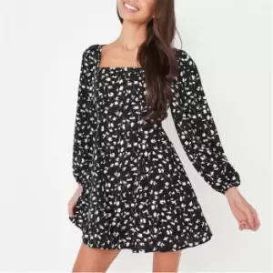 Image of Missguided Tie Back Ls Floral Mini Dress - Black
