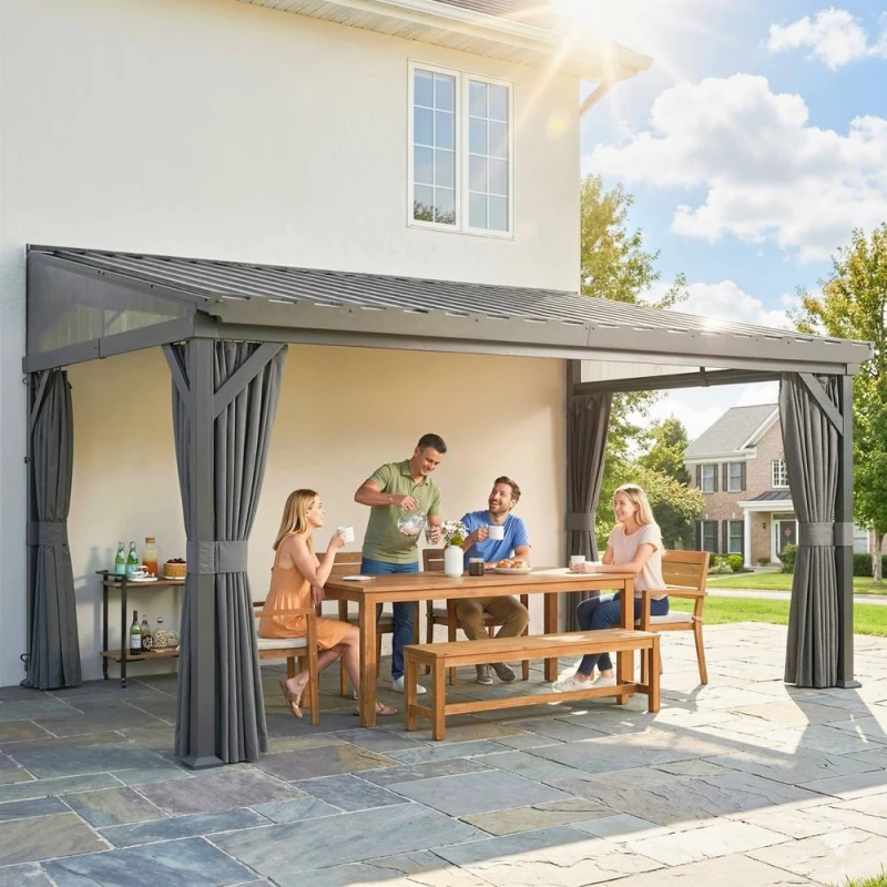 Image of OUTSUNNY 4.3 x 3m Garden Pergola with Netting Curtains, Lean to Pergola in Dark Grey Dark Grey Unisex