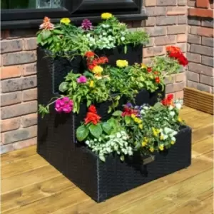 Image of 3 Tier Rattan Planter Black Raised Flower Bed Garden Patio Pot - Rowlinson