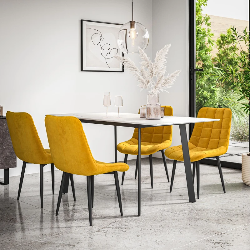 Image of More4Homes Haydon Extending Dining Table + Chairs- White Marble Effect Table Top W Black Legs + Nova Velvet Dining Chair Set Of 4 (Mustard)