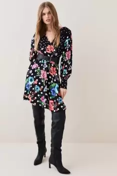 Image of Spots And Floral Plunge Neck Woven Mini Dress