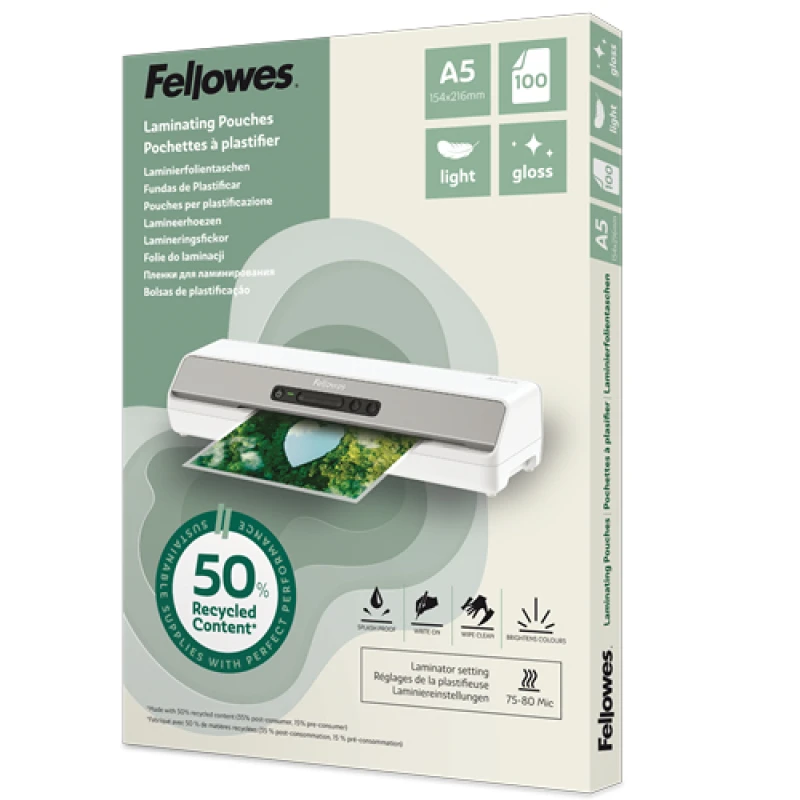 Image of Fellowes Fellowes Recycled Laminating Pouches 80 Micron A5 Gloss (Pack of 100) 100143440 100143440