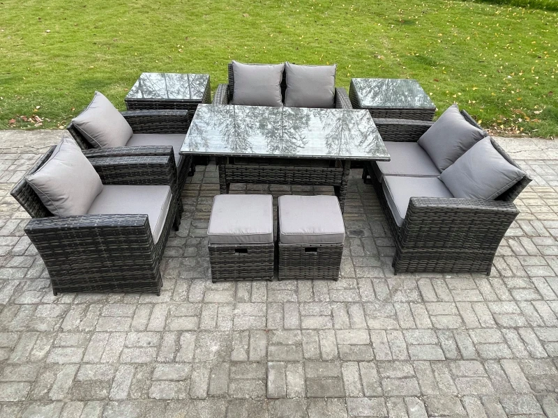 Image of Fimous Garden Furniture Sets 9 Pieces Rattan Furniture Handmade Wicker Patio Sofa Set with 2 Small Footstools 2 Side Tables in Dark Grey Dark Grey Uni