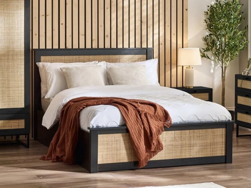 Image of Julian Bowen Padstow 4ft6 Double Rattan and Black Wooden Ottoman Bed Frame