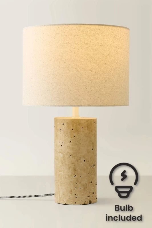 Image of ValueLights Cloe Marble Effect Natural Table Lamp with Drum Shade and LED Bulb Cream