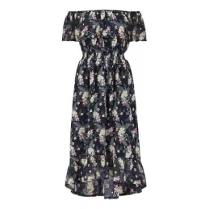 Image of Mela London Navy Tropical Print Bardot Dress - Blue