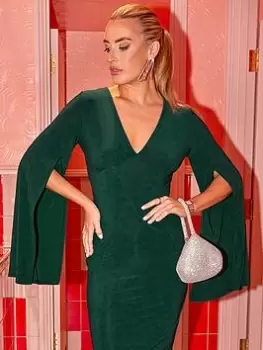 Image of Chi Chi London V Neck Split Sleeve Bodycon Dress - Green, Size 8, Women