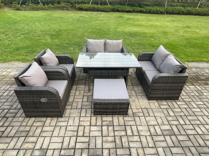 Image of Fimous Rattan Outdoor Furniture Garden Dining Set Rectangular Table & Chair Sofa Set With Big Footstool Dark Grey Mixed Dark Grey Unisex