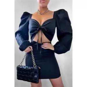 Image of I Saw It First Black Woven Cut Out Tie Front Puff Sleeve Bodycon Dress - Black