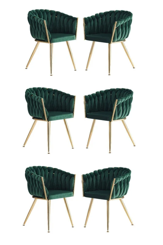 Image of Life Interiors Set of 6 Roma Knot Velvet Armchairs with Gold Metal Legs, Modern Tufted Design for Living Room in Green Green Unisex