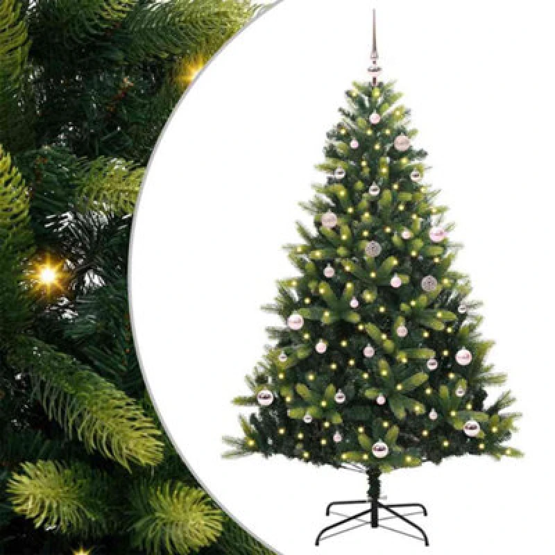 Image of vidaXL Artificial Hinged Christmas Tree 150 LEDs and Pink Balls Green 150 cm, Green 3395984