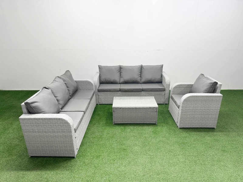 Image of Fimous 7 Seater Poly Rattan Outdoor Garden Furniture Sofa Set Patio 3 Seater Sofa Reclining Chair 3 Seater Sofa Light Grey Light Grey