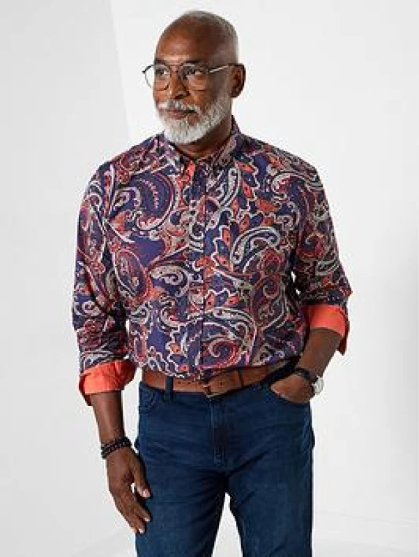 Image of Joe Browns Joe Browns Men Paisley Print Long Sleeve Shirt in Orange Size: Small Orange S Male 5059953341840