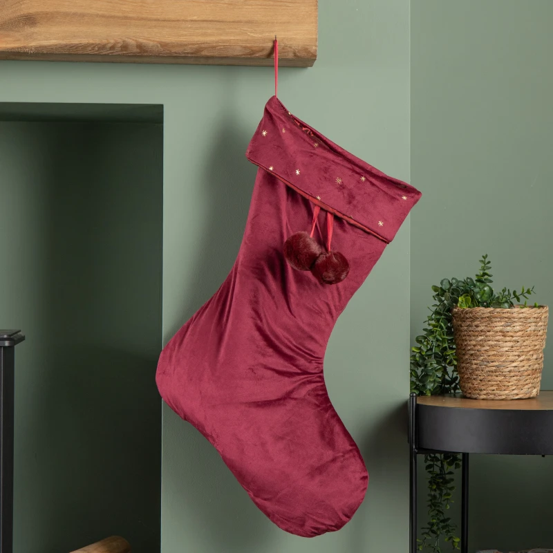 Image of 70cm Hanging Burgundy Velour Star Print Christmas Stocking with Pom Poms
