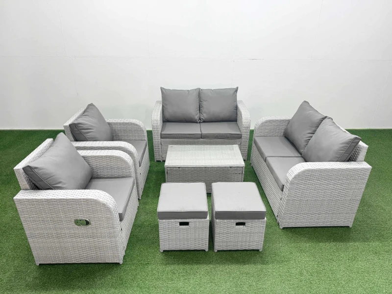 Image of Fimous 8 Seater Outdoor Reclining Chair Love Sofa Set Rattan Garden Furniture Set with Rectangular Coffee Table 2 Stools Light Grey Light Grey