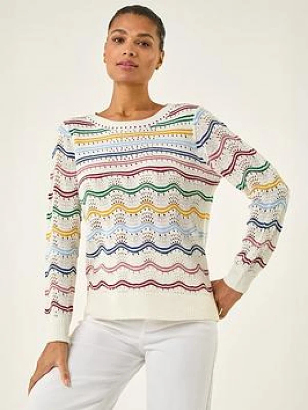 Image of Roman Womens Stripe Wave Knit Jumper in Ivory Size: 20 Ivory Female 20