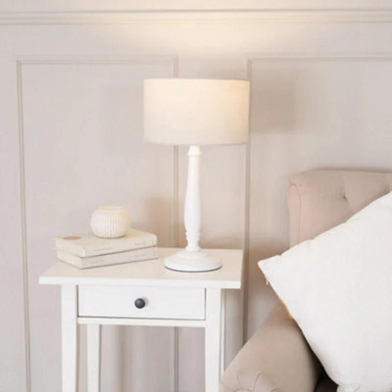 Image of ValueLights Victoria White Wood Traditional Stem Table Lamp with Fabric Drum Shade Natural