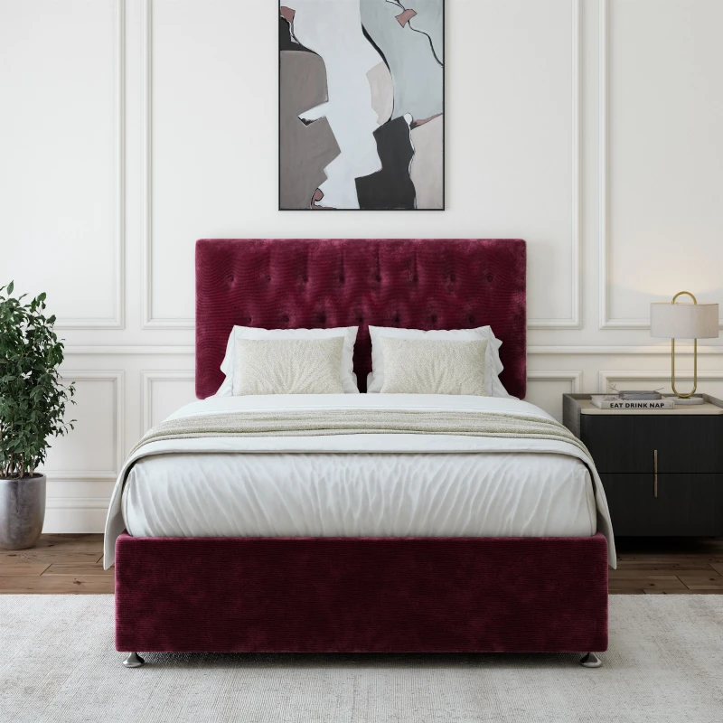 Image of Bedmaster Bedmaster Chenille Divan Base And Button Headboard in Aubergine Size: Small Double Aubergine Small Double Unisex 9501293894792