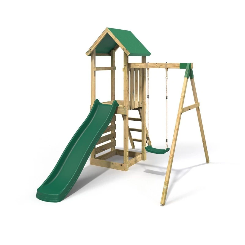 Image of Rebo Adventure Wooden Climbing Frame, Swing Set and Slide - Rushmore Green Green
