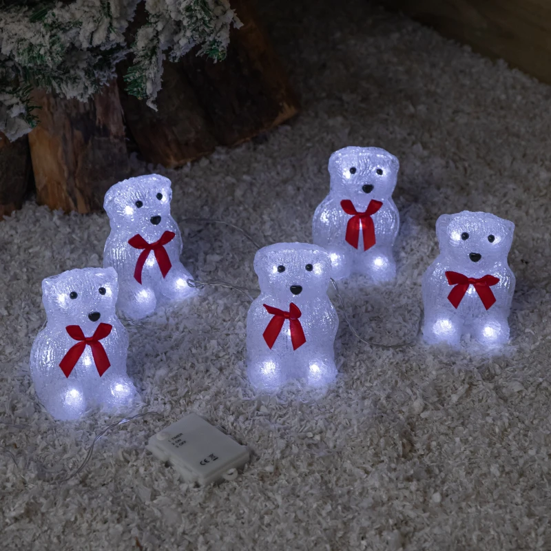 Image of 12cm Set of 5 Battery Operated Light up Christmas Polar Bears Ornaments with 40 Cool White LEDs