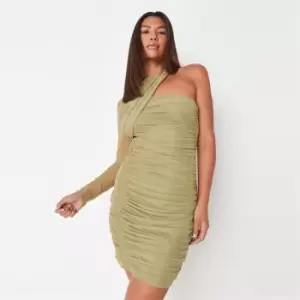 Image of Missguided Shoulder Ruched Mini Dress Mesh - Green