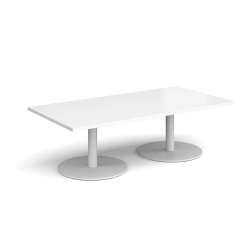 Image of Monza Rectangular Cafe and Bistro Coffee Table with Flat Round White Base - Top 1600mm x 800mm - White
