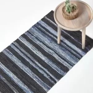 Image of Texas Leather & Denim Woven Striped Blue Rug, 66 x 200cm - Blue - Homescapes