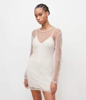 Image of AllSaints Womens Rosalie Embellished Mini Dress, White, Size: 14