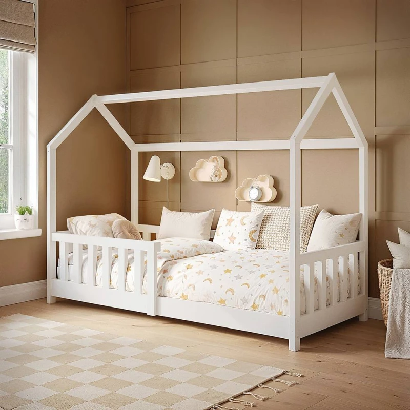Image of Flair Explorer Shorty Play House Floor Bed with Rails Wooden White Size: Junior White Unisex Junior