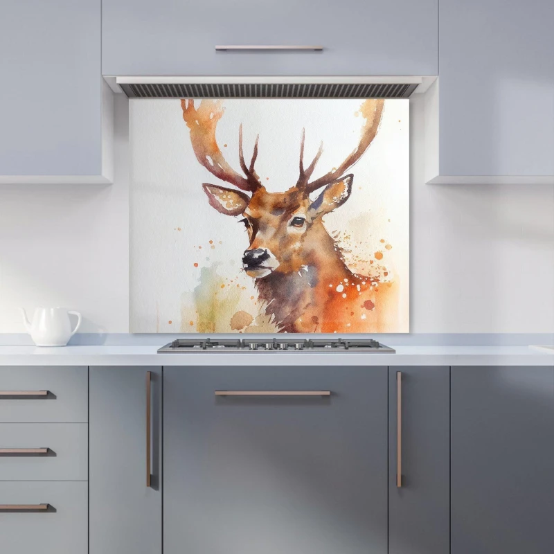 Image of Warren Reed - Designer Majestic Stag Watercolour Kitchen Splashback in Brown Size: 700mm x 650mm Brown Unisex 700mm x 650mm