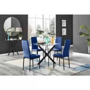 Image of Furniturebox UK - Furniturebox Novara Black Leg 120cm Round Glass Dining Table & 4 Navy Milan Velvet Dining Chairs With Black Legs Diamond Stitch