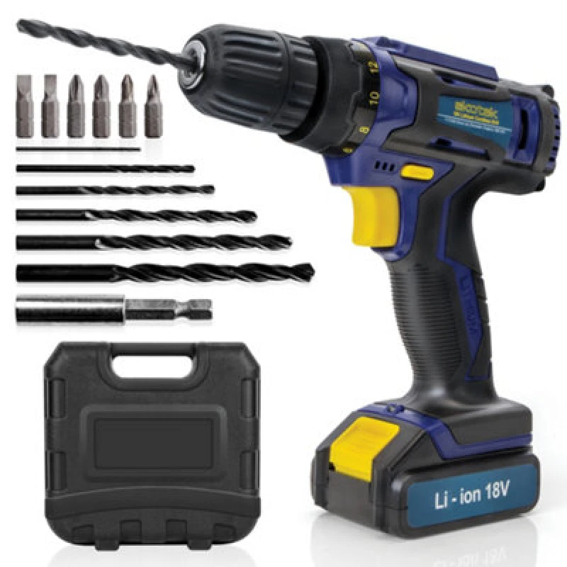 Image of Skotek 18V Cordless Drill & Drill Bit Set 18V Battery & Charger and Case Included Blue
