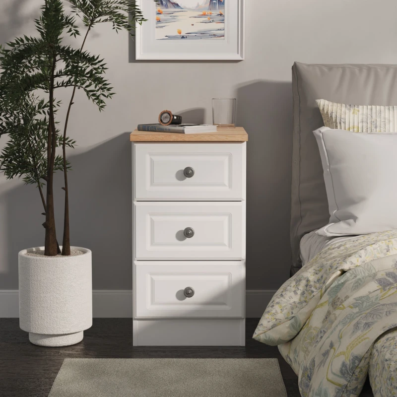 Image of Welcome Furniture Ready Assembled Norfolk 3 Drawer Bedside Cabinet In White Ash & Bardolino Oak, White NOR001WABO