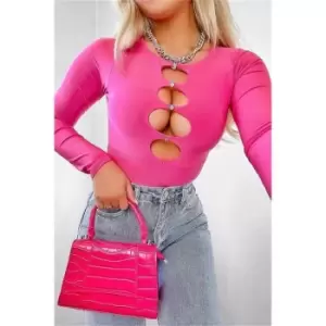 Image of I Saw It First Hot Pink Diamante Cut Out Double Layer Long Sleeve Bodysuit - Pink