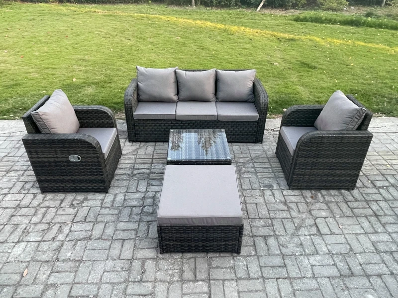 Image of Fimous Garden Furniture Sets 6 Seater Wicker Rattan Furniture Patio Sofa Sets with Reclining Chair 3 Seater Sofa Big Footstool Dark Grey