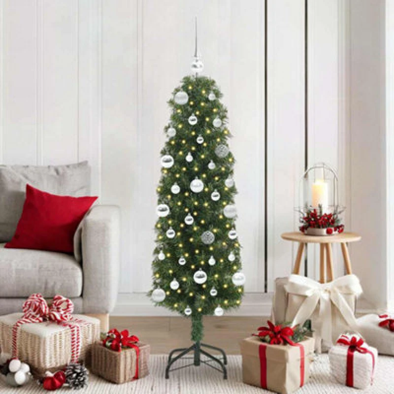 Image of vidaXL Artificial Christmas Tree with 150 LEDs, Silver Balls with Stand Green 150 x 43 cm, Green 3394935