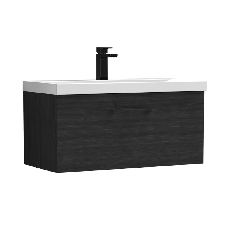 Image of Balterley 800mm Wall Hung 1 Drawer Vanity Unit, Woodgrain Black Handle Black Unisex