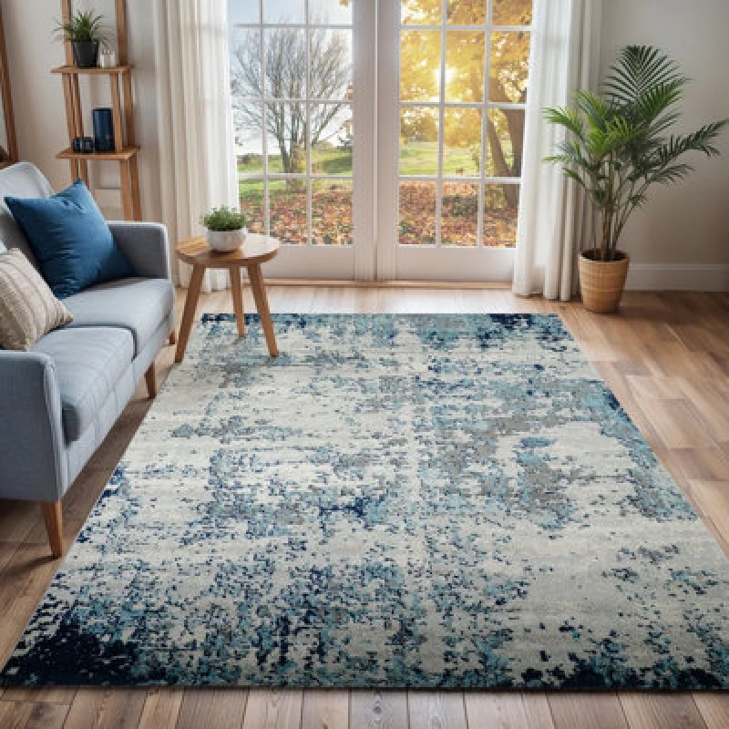 Image of Livabliss Abstract Modern Marble Navy/aqua Sarah Area Rug 160 X 220 Cm - Easy Care, Non Shedding, Ideal For Living Room & Bedroom