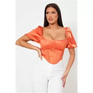 Image of I Saw It First Orange Satin Puff Sleeve Corset Top - Orange