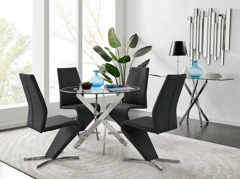 Image of FurnitureboxUK FurnitureboxUK Novara Round 100cm Chrome Metal And Glass Dining Table And 4 Willow Dining Chairs Set in Black One Size Unisex 505