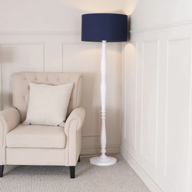 Image of ValueLights Victoria White Wood Traditional Stem Floor Lamp with Fabric Drum Shade Navy