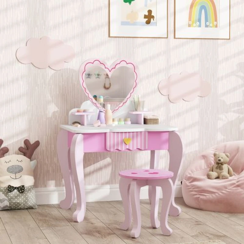 Image of AIYAPLAY Kids Dressing Table Set, 2 PCS Children Vanity Table with Stool Pink