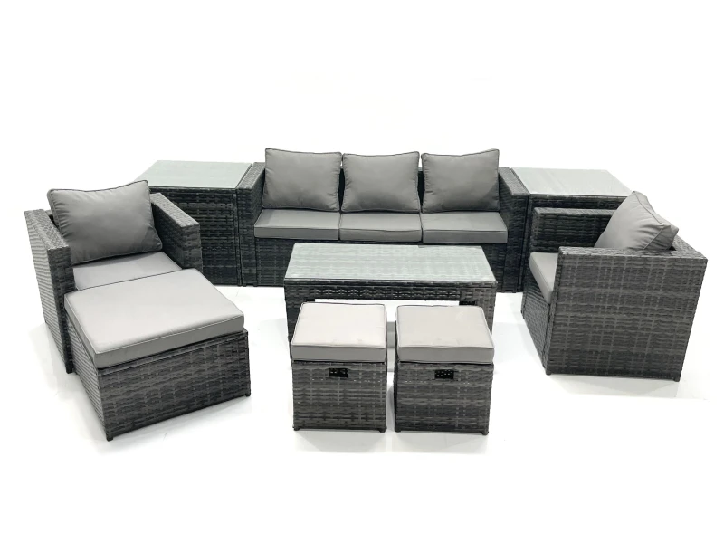 Image of Fimous 8 Seater Rattan Garden Furniture Set Outdoor Lounger Sofa with Coffee Table 2 Armchair 3 Footstools 2 Side Tables Dark Grey Mixed Dark Grey