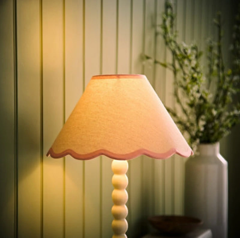 Image of ValueLights Florie Natural Linen Small Tapered Scallop Pastel Trim Lamp Shade & LED Bulb Pink unisex