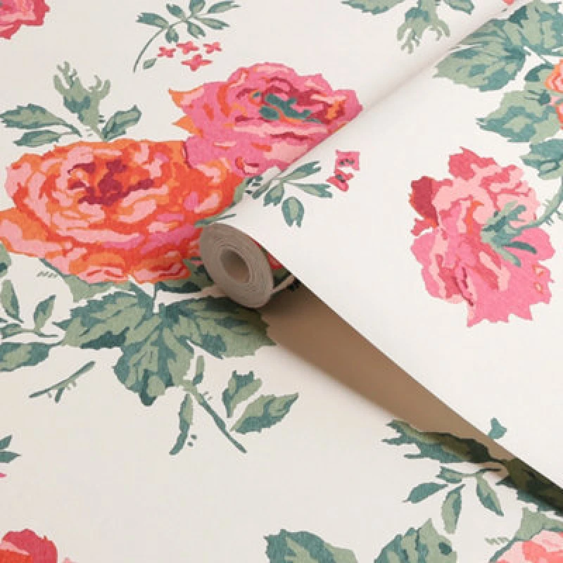 Image of Cath Kidston Archive Rose Pink Blooms Floral Wallpaper Wallpaper One Size Pink 71737606000