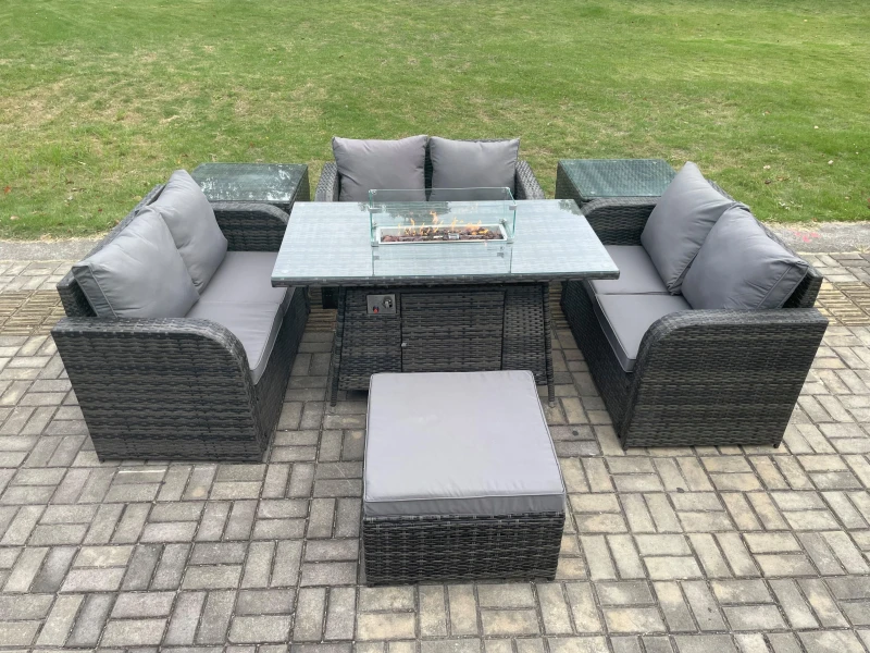 Image of Fimous Rattan Outdoor Garden Furniture Sofa Set Gas Fire Pit Dining Table Gas Heater with 2 Side Tables Love Sofa Big Footstool Dark Grey